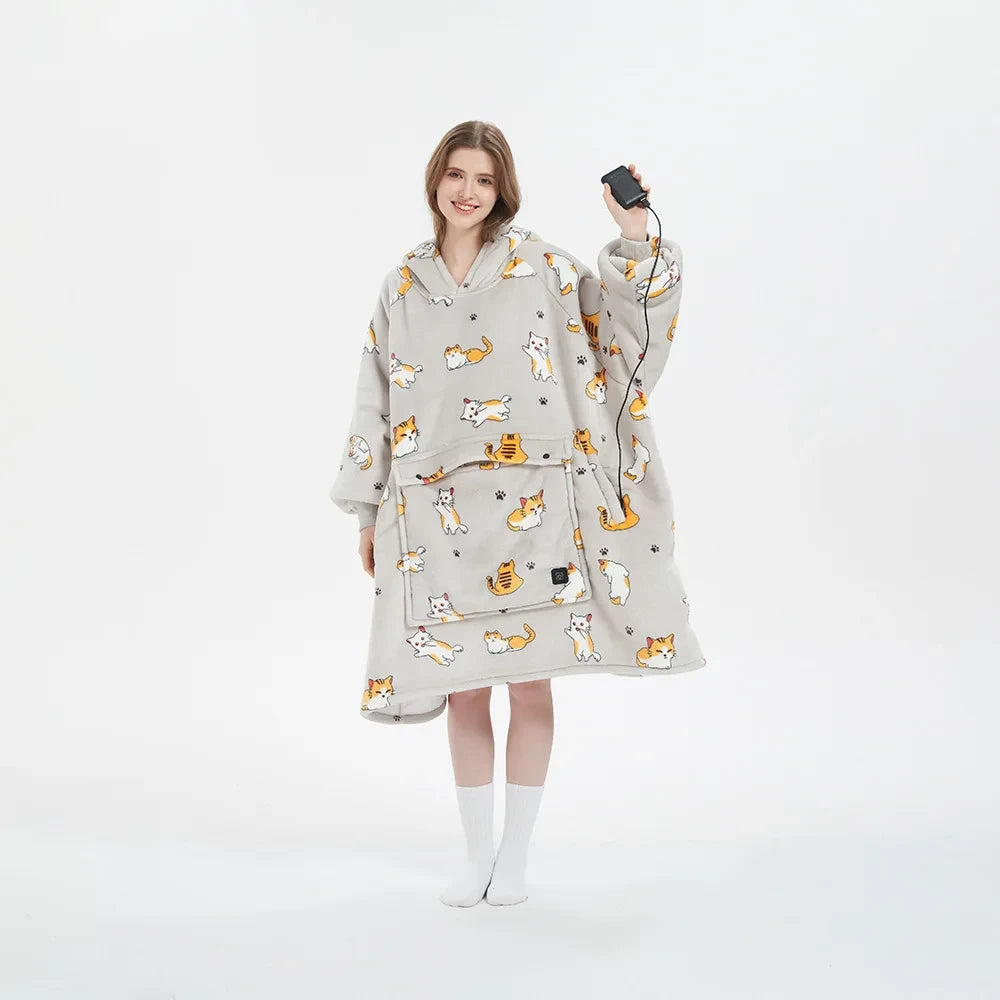 Heated Flannel Lamb Fleece Hooded Blanket